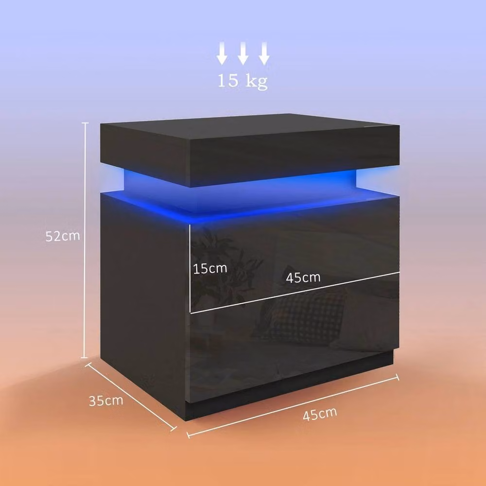 FORGEVIO Set of 2 High Gloss Bedside Tables with Integrated LED Lighting in Black – 3