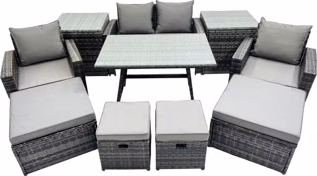 Fimous 8 Seater Outdoor Dining Set in Dark Grey with Double Seat Sofa, 2 Side Tables and 4 Stools – 1