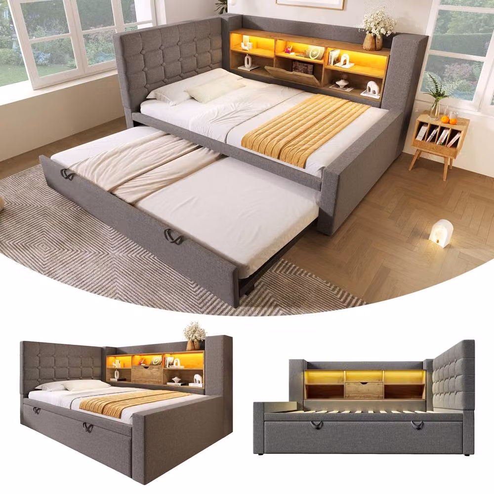 ModernLuxe Upholstered Single Daybed in Grey with Headboard Storage, Side Compartments and Pull Out Trundle Bed, W/D/H: 90 x 190 x 107 cm – 7