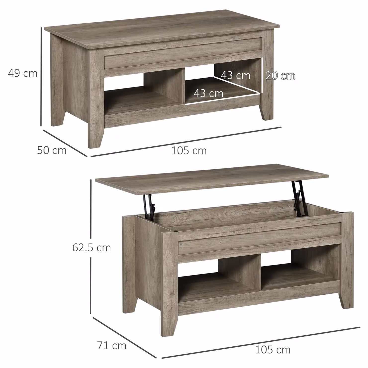 HOMCOM Modern Rectangular Lift Top Coffee Table with Hidden Storage and Open Shelf in Brown, W/D/H: 105.0 x 62.5 x 45.0 cm – 3