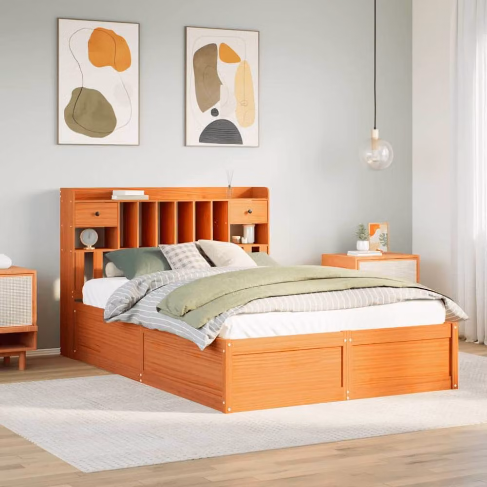 Berkfield Home Wax Brown Solid Wood Pine Bed Frame with Drawers W: 160 cm, D: 200 cm – 2