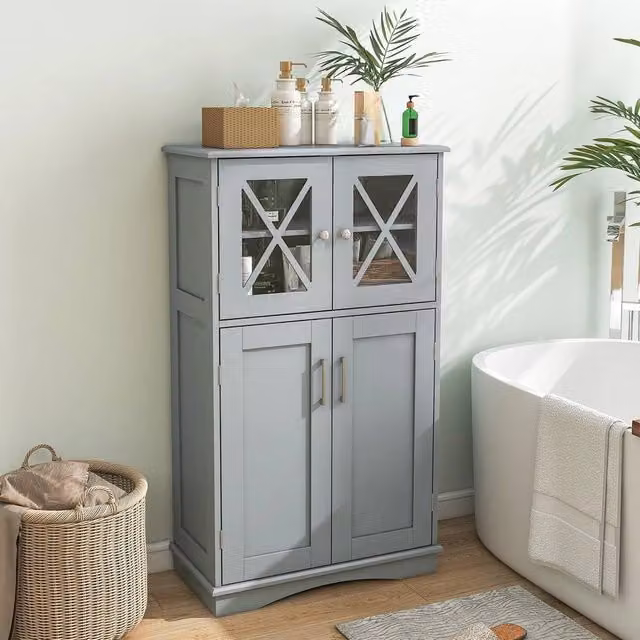 Kelvenix Grey Matt Freestanding Kitchen Floor Cabinet with Transparent Glass Doors