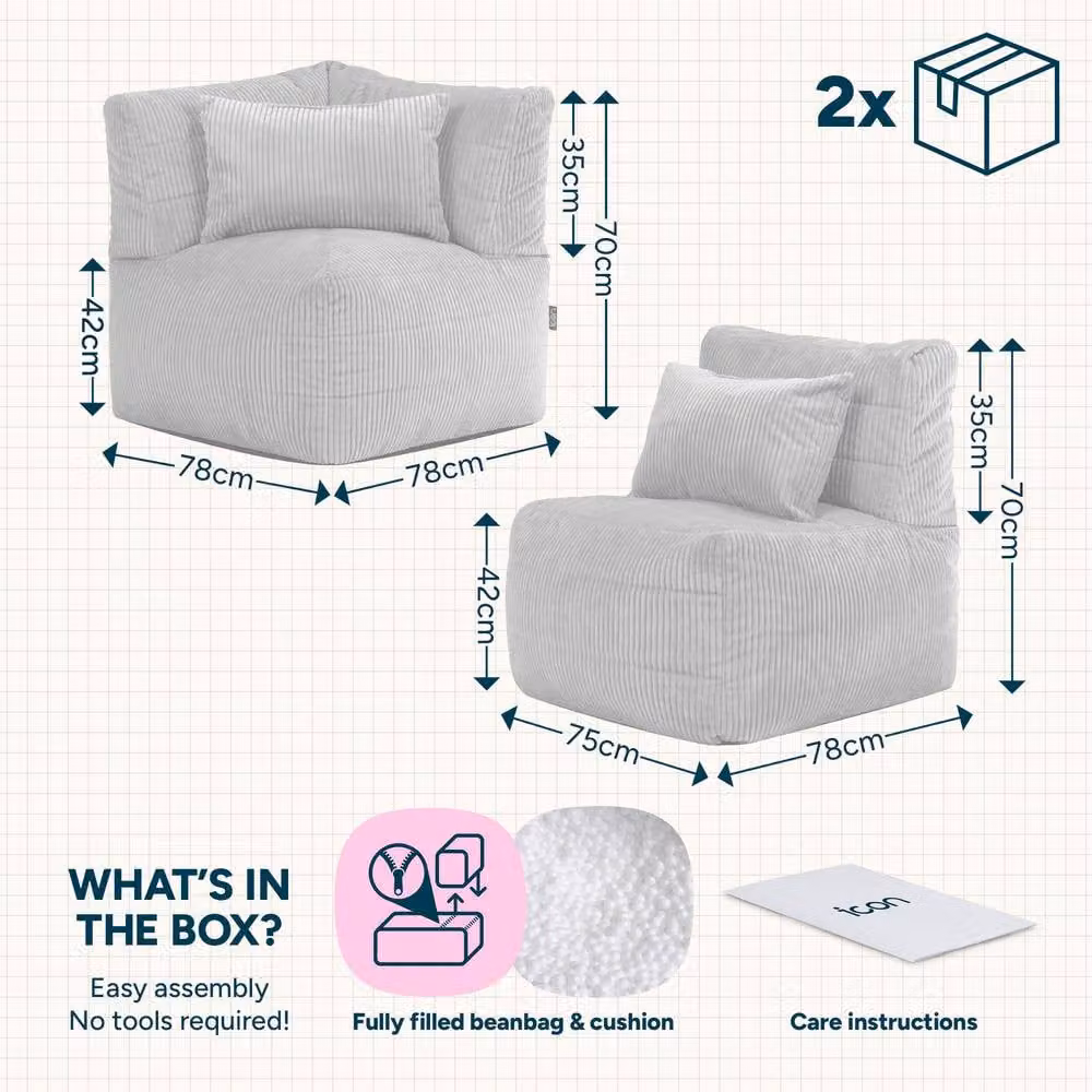 icon Noa 2-Piece Bean Bag Set in Green, Including 1x Corner and 1x Recliner in Jumbo Cord Fabric – 3