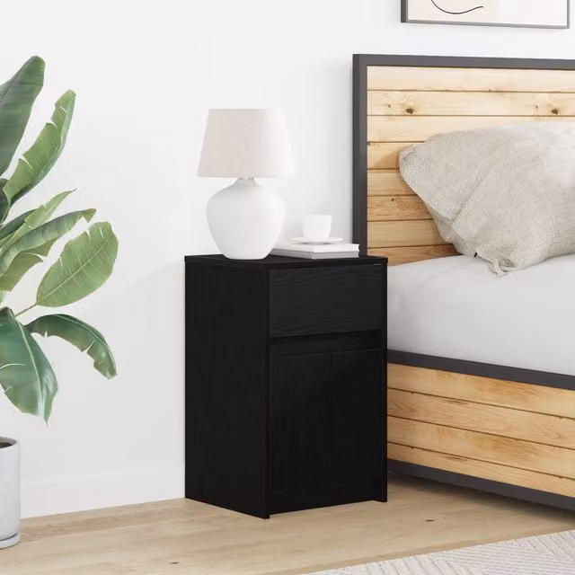Berkfield Home Modern Black Oak Bedside Cabinet with Integrated Lighting, W: 38 cm, D: 34 cm, H: 61 cm – 1