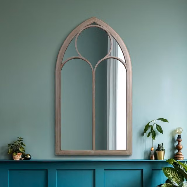 MirrorOutlet The Somerley Rustic Metal Chapel Arched Decorative Wall Mirror in Stone and Beige