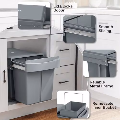 HOMCOM Grey Pull Out Kitchen Under Sink Bin with Soft-Close Mechanism and Removable Inner Bucket, 40L – 6