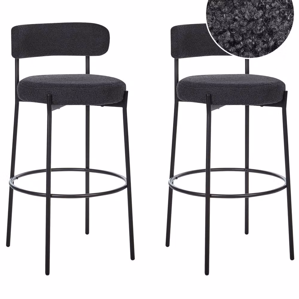 Wyld and Coco Set of 2 Black Boucle Armless Bar Stools with Matt Black Steel Legs – 2