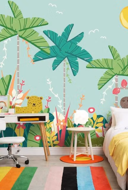 Origin Murals Jungle Animals Floral Wall Mural in Blue and Multicolour, W: 300 cm, H: 240 cm