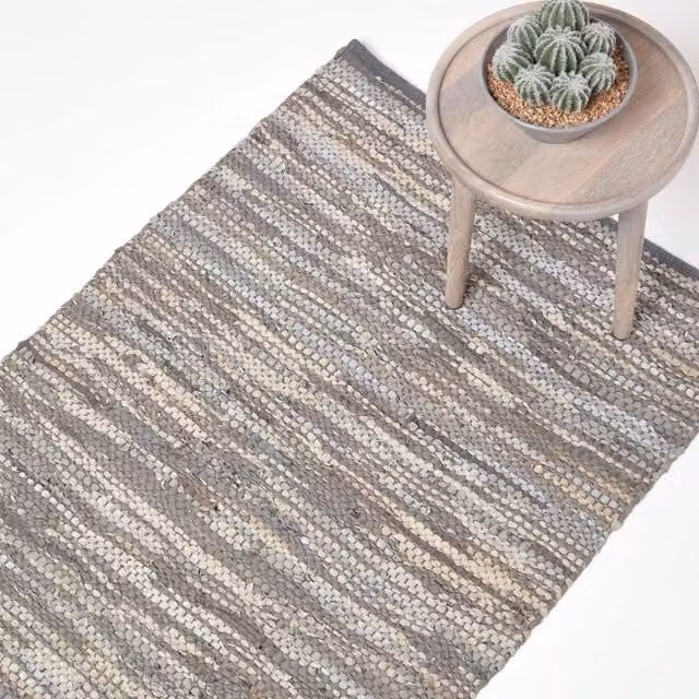 Homescapes Grey Patchwork Woven Leather Rug Runner, Length: 240 cm