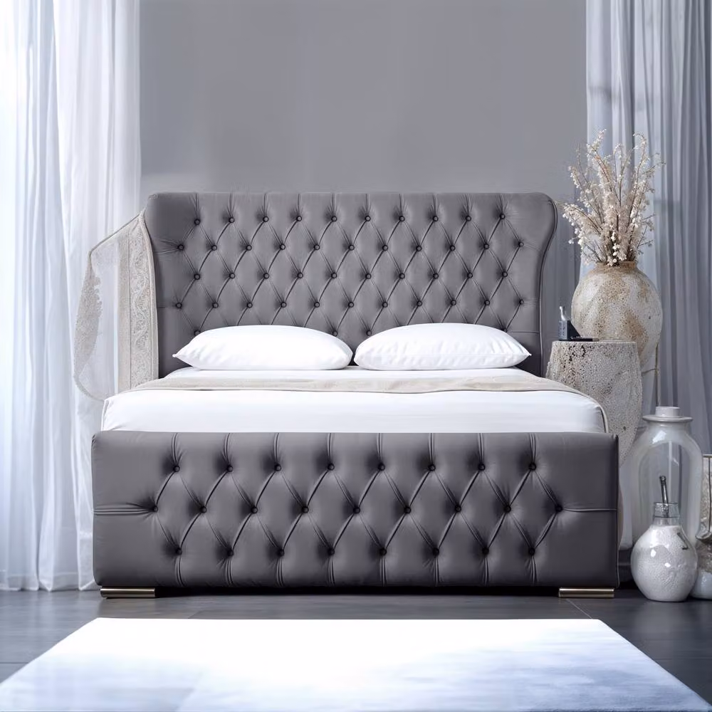 UK Bed Furniture Isabella Upholstered Slatted Base Bed with Wingback Headboard in Grey, W/D/H: 90 x 190 cm – 2