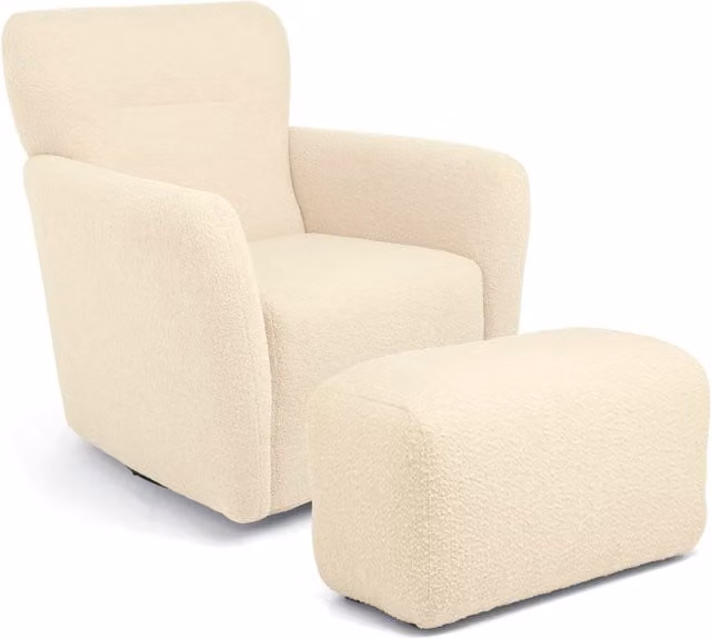 Mamas & Papas Settle Swivel Nursing Chair and Stool in White Bouclé with Oak Legs