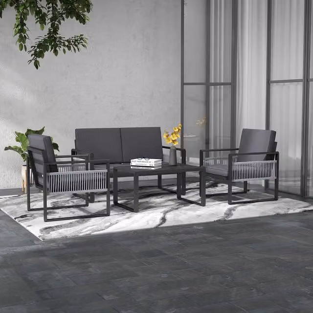 Outsunny Modern Matt Black Aluminium Garden Furniture Set with Cushions