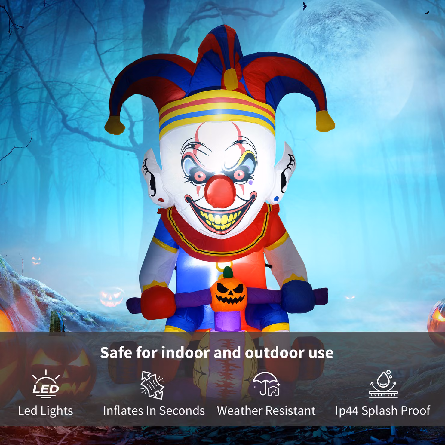 Outsunny 4ft Halloween Inflatable Clown on Bicycle with 3 Built-in LED Lights, Multicolour Outdoor Decoration – 3