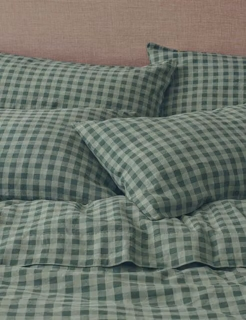 Piglet in Bed Dark Green Gingham Linen and Cotton Pillowcase Pair with Envelope Closure