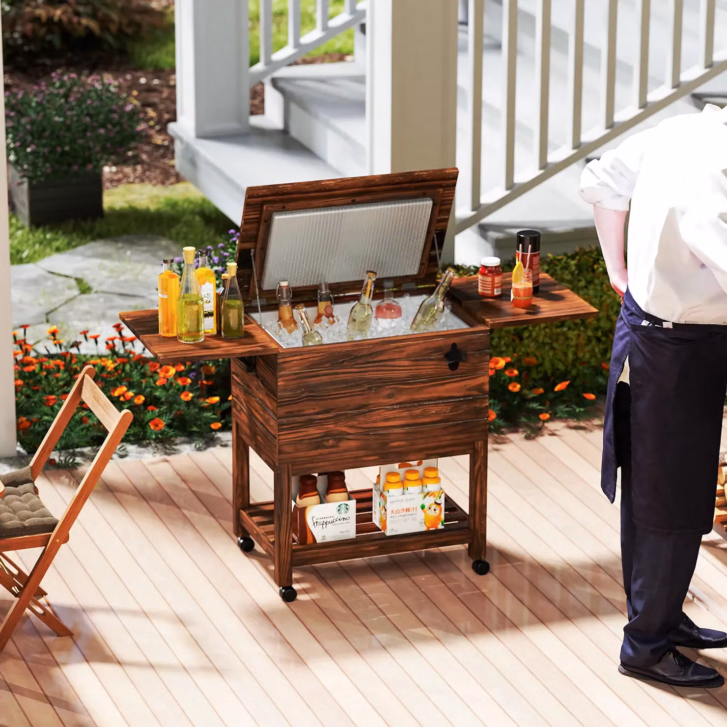 Costway Rolling Wooden Patio Cooler Cart, 51L Outdoor Ice Chest in Brown – 6