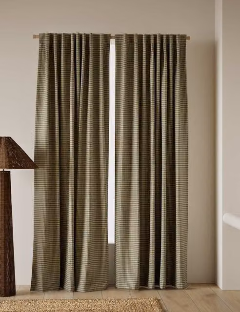 M&S Green Cotton Gingham Checked Semi-Sheer Multiway Curtains
