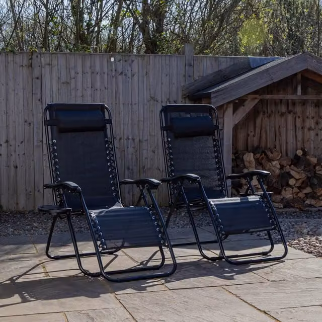 Samuel Alexander Set of 2 Black Textilene Zero Gravity Garden Relaxer Loungers with Adjustable Headrest and Side Tray