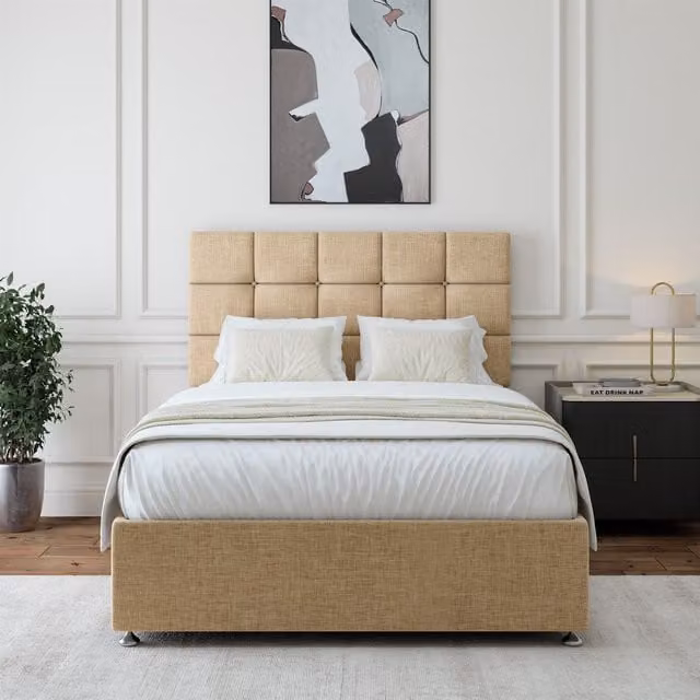 Bedmaster Linen Divan Base and Square Headboard in Sand/Beige, W/D/H: 180 x 200 cm