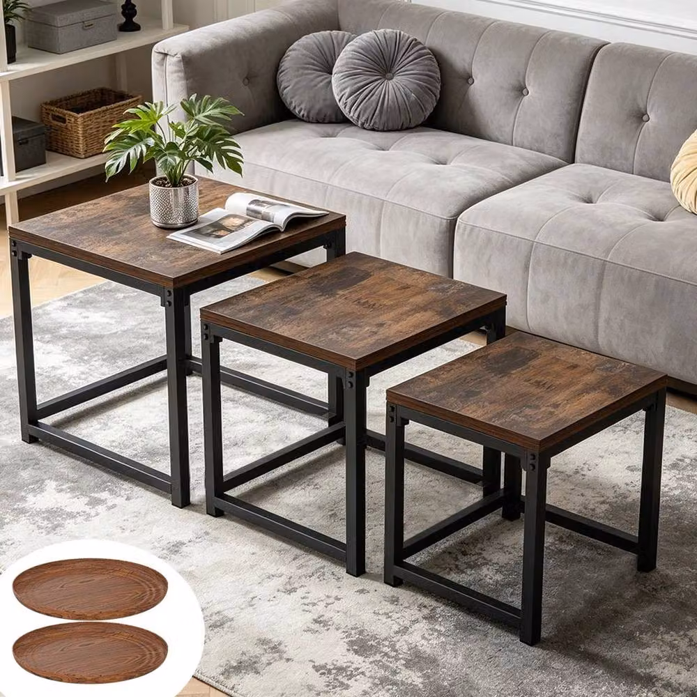 EONLION Set of 3 Rustic Nesting Coffee and End Tables in Brown and Black – 3
