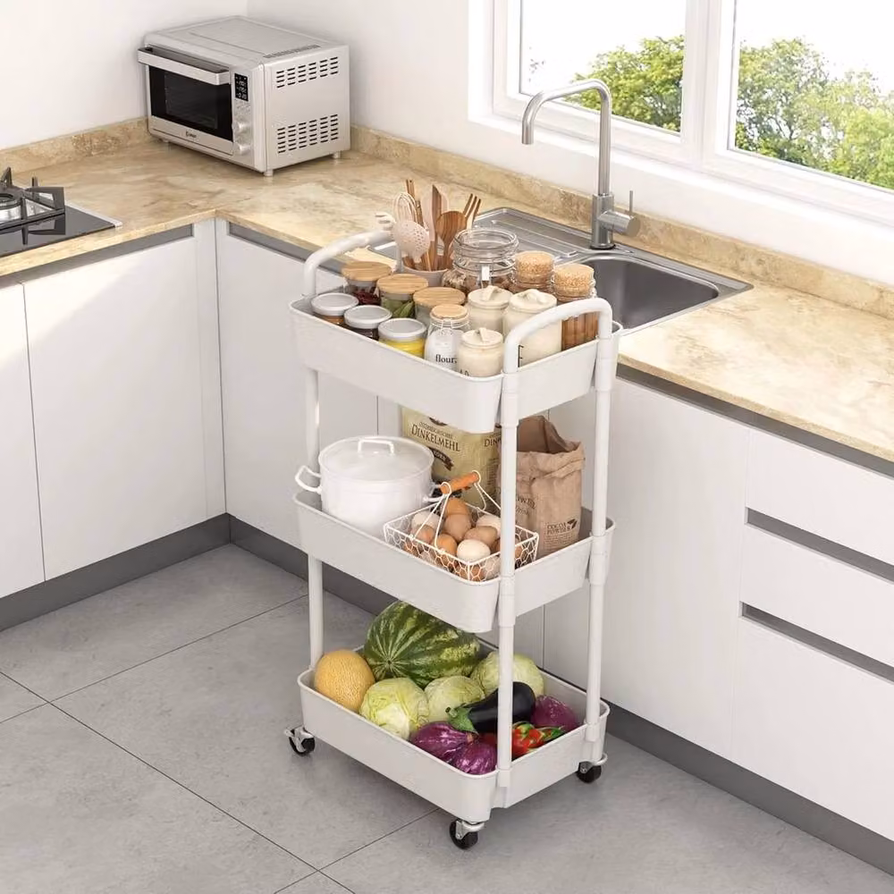 FORGEVIO 3-Tier White Plastic Kitchen Storage Trolley on Wheels – 3