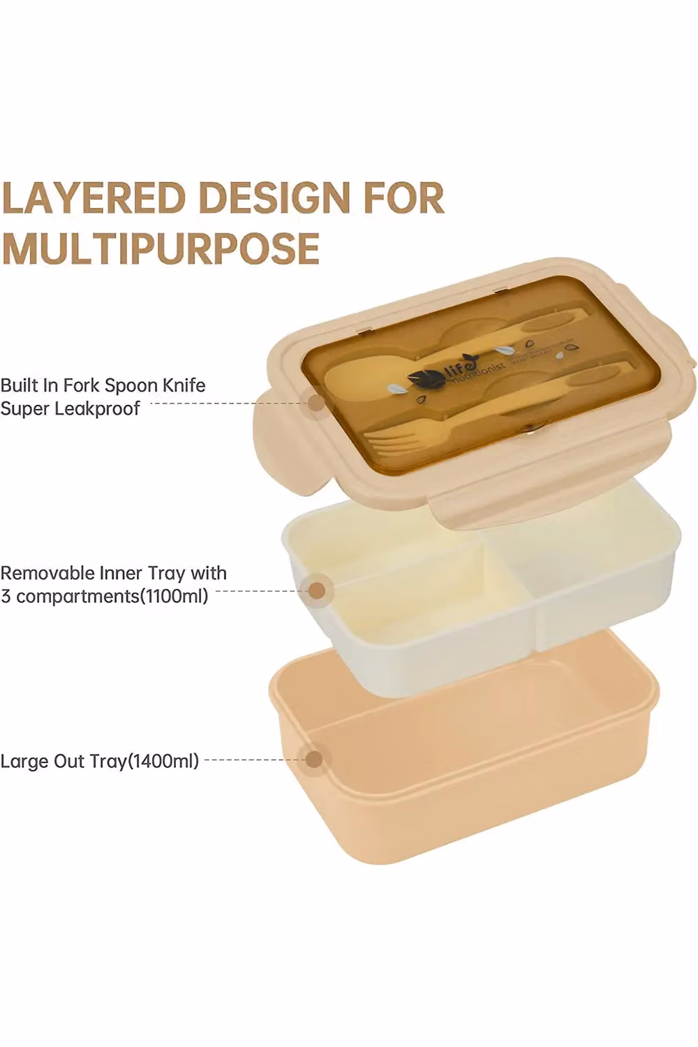 Living and Home 1400ml 2-Layer Bento Lunch Box with Cutlery and Dividers in Beige – 2