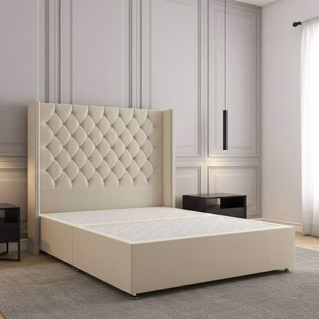 Regional Furnishings Luxury Small Double Divan Bed with 54 inch Plush Velvet Headboard in Beige, W/D/H: 120 x 200 cm