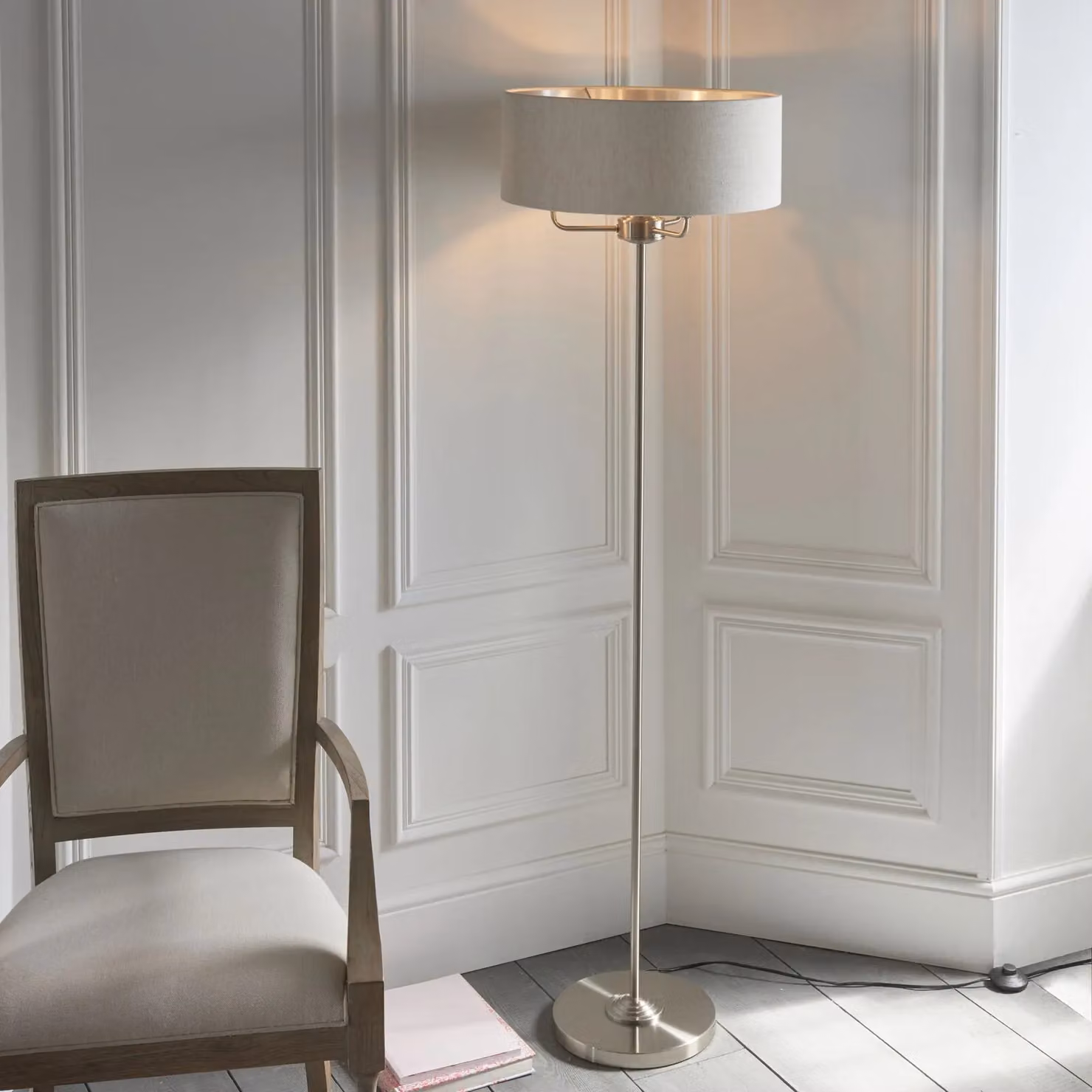Loops Floor Lamp in Chrome and Beige Fabric with 3 x E14 Sockets, H 160 cm – 2