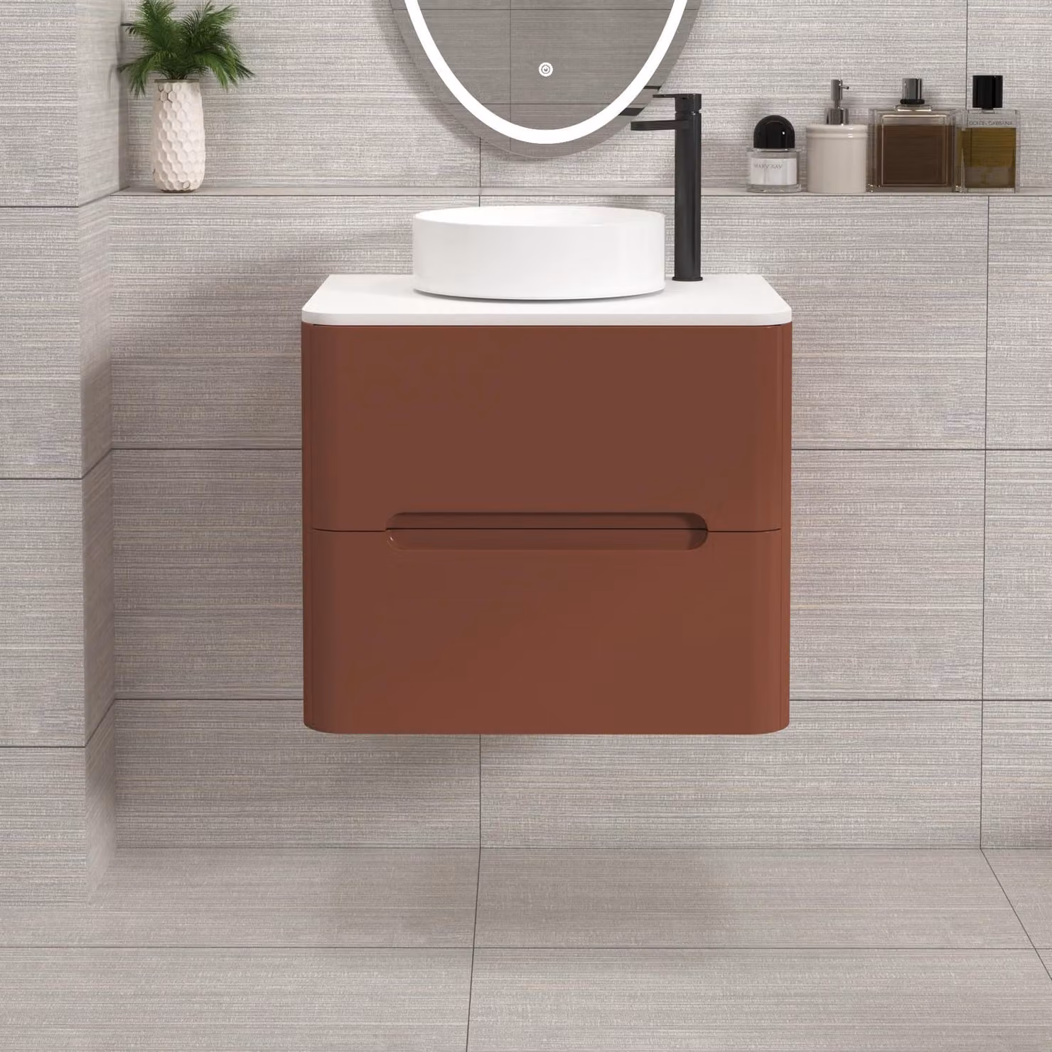 Royal Bathrooms Venice 600mm Wall Hung Vanity Unit in Terracotta Clay with 2 Drawers and Plain White Worktop and Art Basin