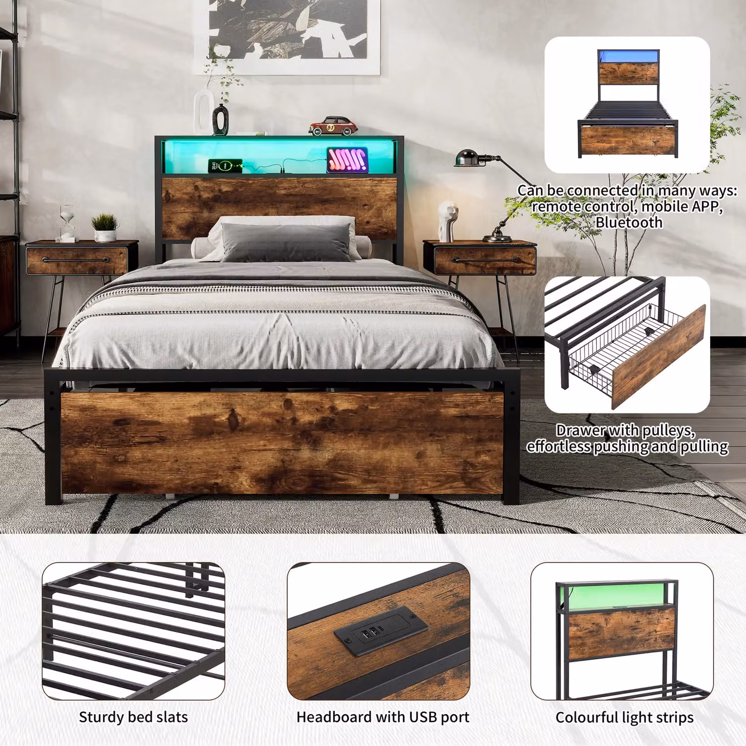 Matteo Metal Single Bed in Black with LED Light Strip, Storage Drawer and USB/Type C Ports, W/D/H: 90 x 190 x 105 cm – 6