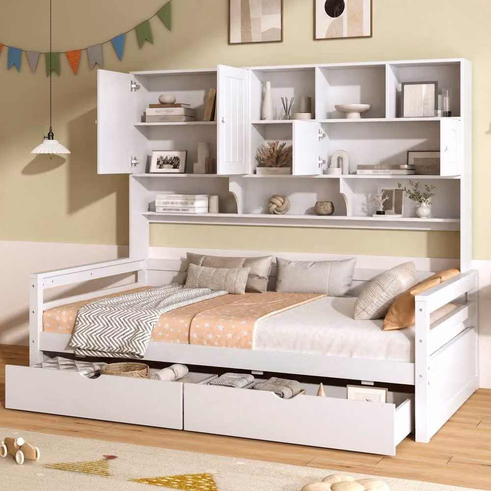 BTM Single Wooden Bed with Bookcase, Guardrail and 2 Drawers, White, W/D/H: 90 x 190 x 166 cm – 2