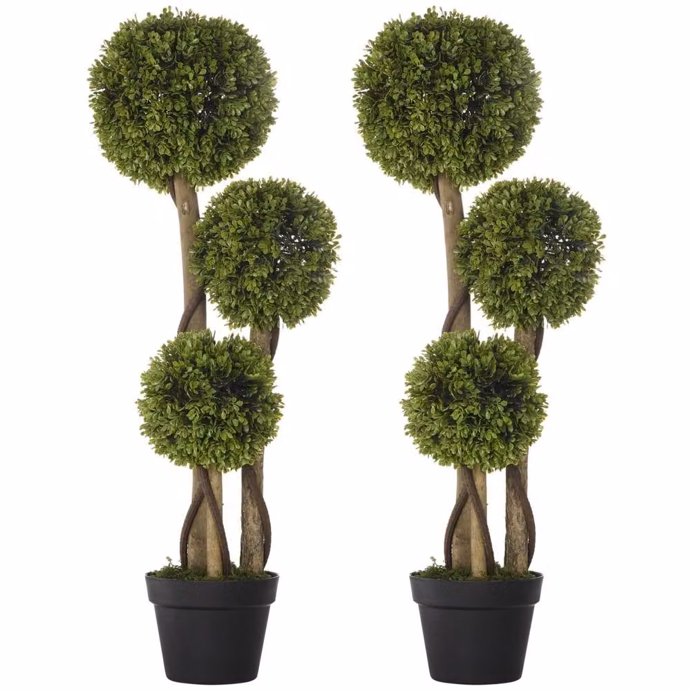 Wyld Haus Set of 2 Green Round Artificial Boxwood Ball Topiary Trees in Black Pots, Height: 27 cm – 2