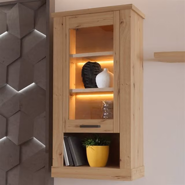 Furniture To Go Corona Wall Display Cabinet in Brown Artisan Oak with Glass Doors