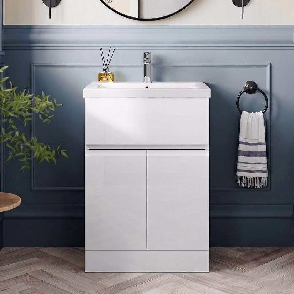 Balterley Modern White Floor Standing Bathroom Vanity Unit with Basin, 2 Doors and 1 Drawer, W/D/H: 61.0 x 39.0 x 85.0 cm – 2