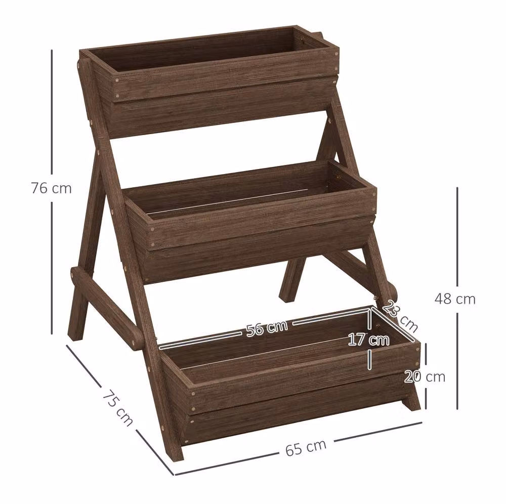 STILVORA 3 Tier Wooden Raised Garden Bed with Water Holes in Brown, W/D/H: 76 x 65 x 23 cm – 2