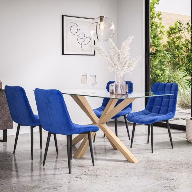 More4Homes Etta Glass Dining Table with Solid Oak Legs and 4 Blue Nova Velvet Dining Chairs