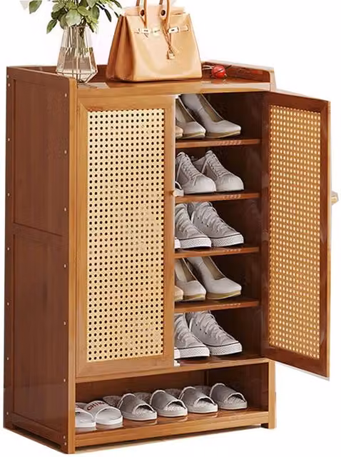VOGREX Wooden Shoe Cabinet with Double Rattan Doors in Brown, W/D/H: 94 x 32 x 60 cm – 1