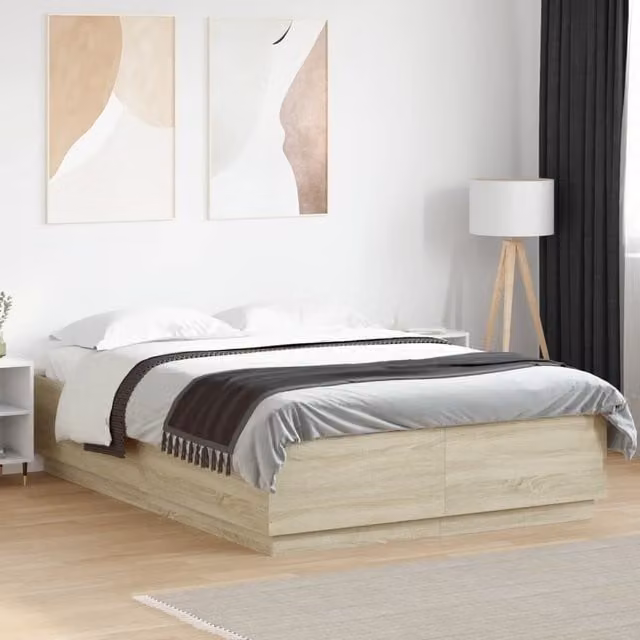 Berkfield Home Modern Bed Frame with LED Under-Bed Lighting and USB Charging Port in Sonoma Oak Brown, W: 160 cm, L: 200 cm