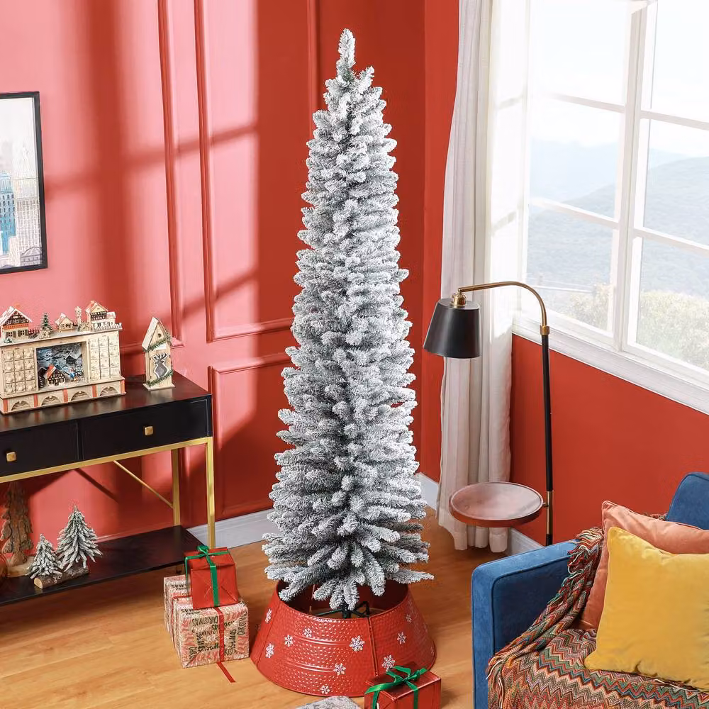 STILVORA 7ft Slim Snowy Christmas Tree in White with Metal Base – 2