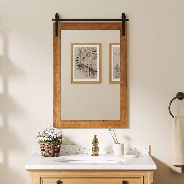 COSTWAY Rustic Rectangular Wood Wall Mirror in Brown