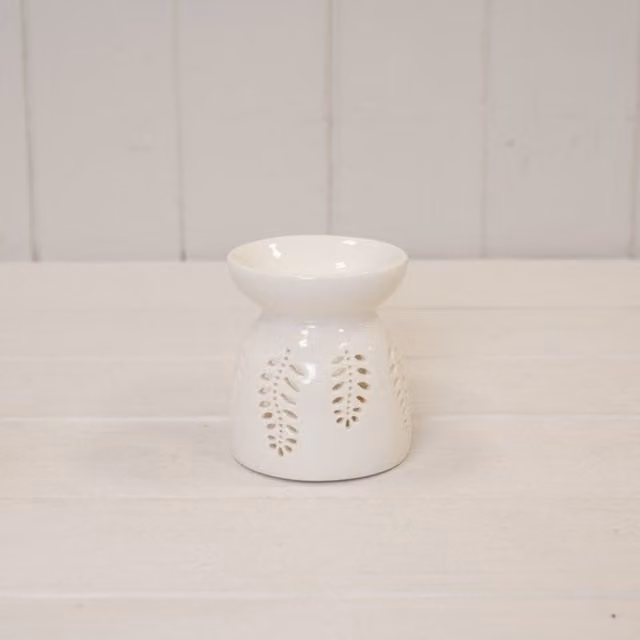KDMD White Ceramic Glazed Floral Tealight Oil Burner with Leaf Design