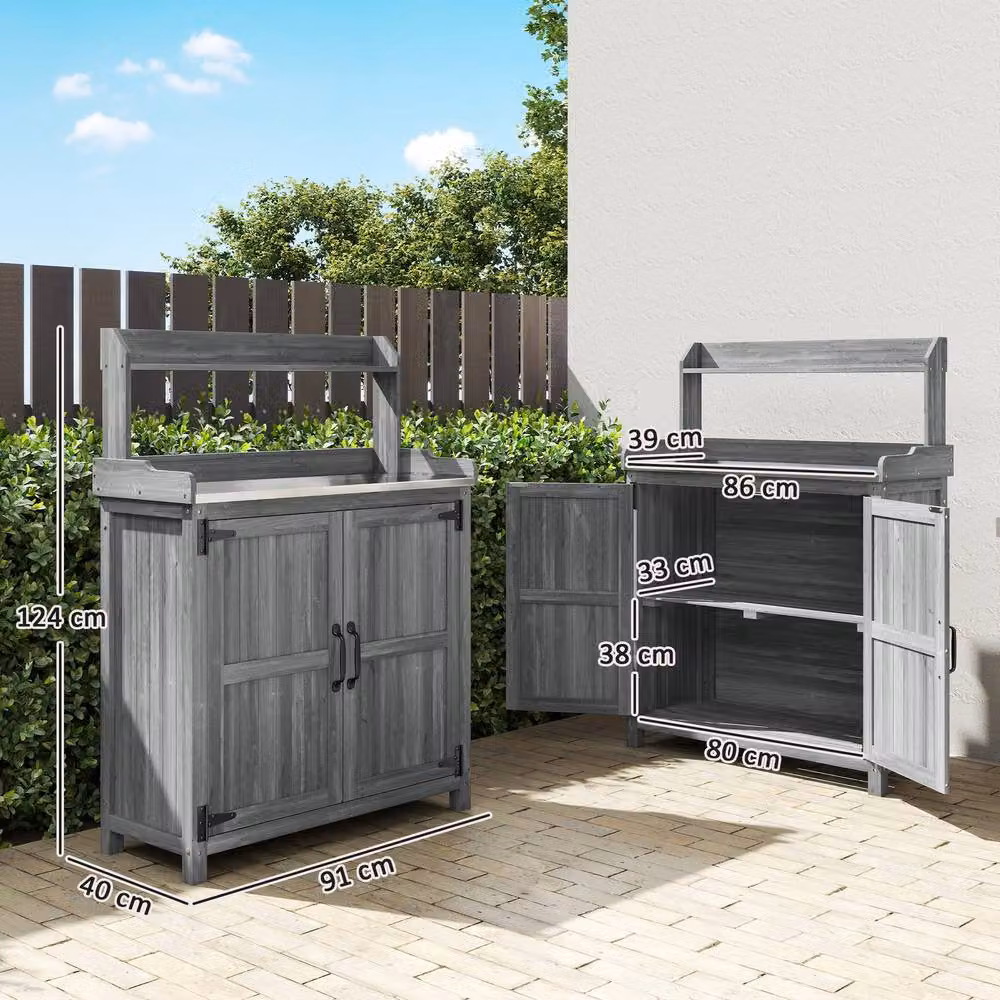 OUTSUNNY Grey Wooden Potting Bench Table with Aluminium Worktop and Top Shelf – 3