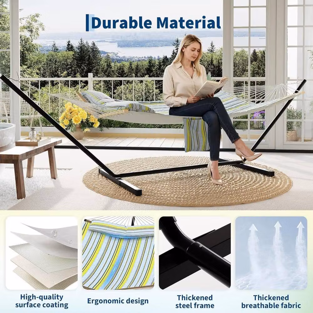 London Boutique Double Hammock with Stand and Cushions in Multicolour Striped Fabric – 3