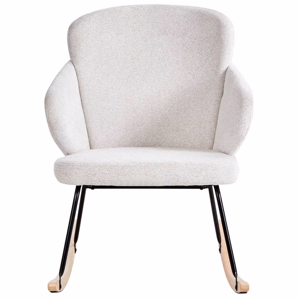 Wyld and Coco Off-White Rocking Chair with Woven Fabric, Metal Frame and Rubberwood Skates – 2