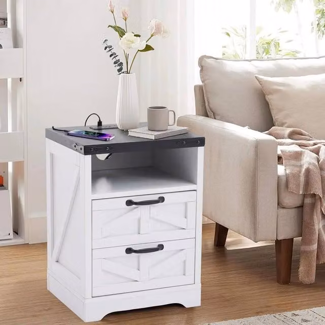 VOGREX Bedside Table Cabinet with Charging Station and 2 Drawers in White