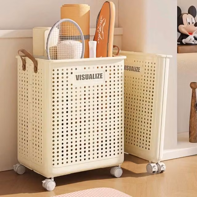 FLAVORA Beige Large Wheeled Plastic Laundry Hamper – 1