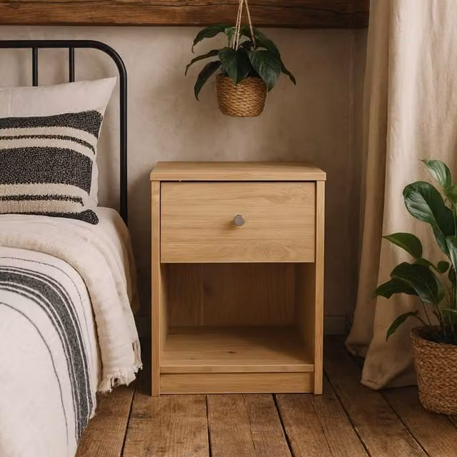 Wyld Haus Kaohsiung Hickory Oak Effect Bedside Table with 1 Drawer in Natural Brown – 1