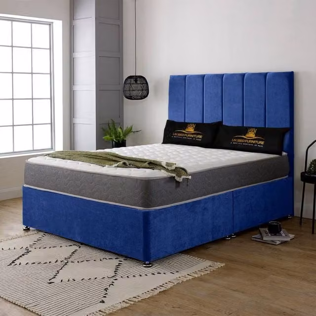 UK Bed Furniture Savannah Blue Velvet Upholstered Divan Bed with 2 Drawers and 26 Inch Headboard, W/D/H: 180 x 200 x 66 cm, King Size – 1