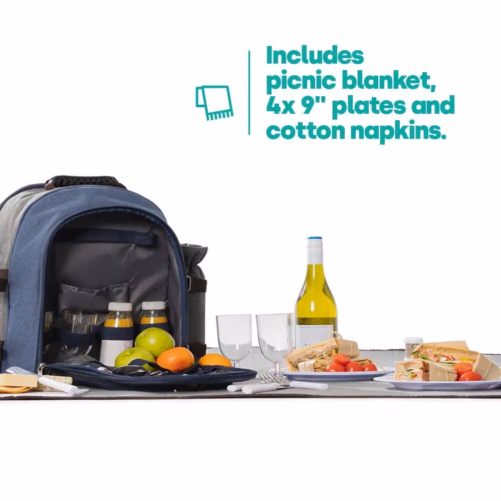 LIVIVO 4 Person Picnic Backpack Set with Blanket, Cutlery, Plates, Wine Glasses and Insulated Bottle Holder in Blue – 4