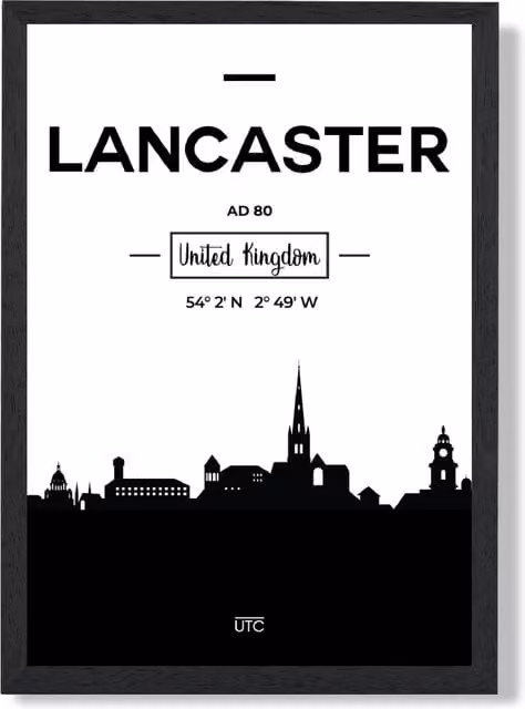 ARTZE Lancaster Black and White City Skyline Framed Print, A3