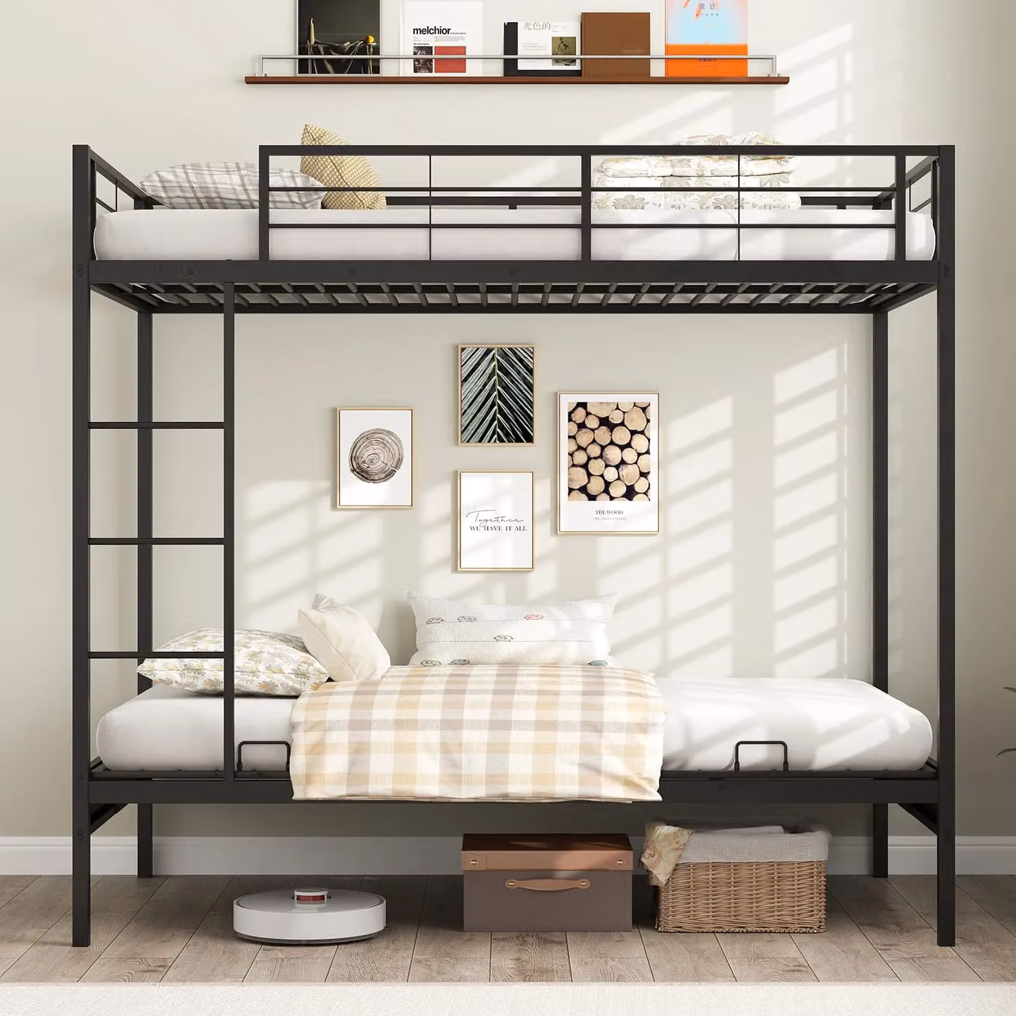 Gymax Single Over Futon Bunk Bed with Ladder and Bedside Shelf, Black – 5